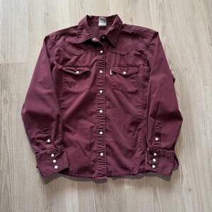 Women's Carhartt Dark Wine Red Pearl Snap Button Up Long Sleeve Shirt Sz Large